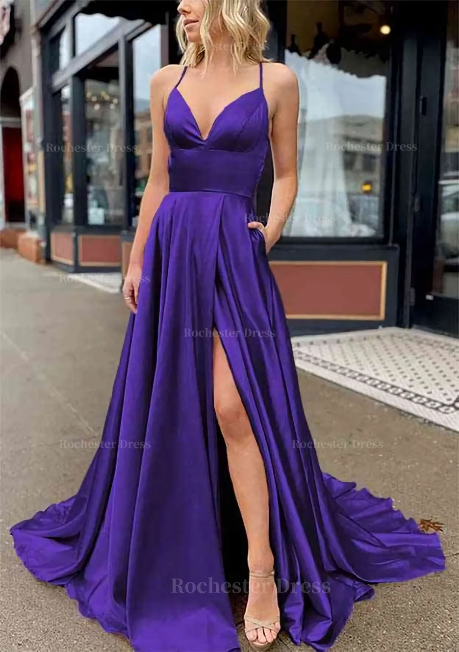 A-line V Neck Sleeveless Charmeuse Sweep Train Prom Dress With Pockets