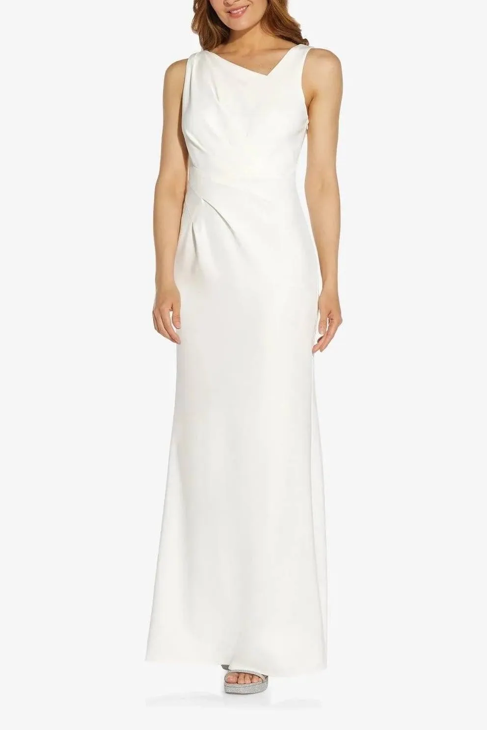 Adrianna Papell Asymmetrical Neck Sleeveless Gathered Side Zipper Side Sequined Beaded Back Stretch Crepe Dress