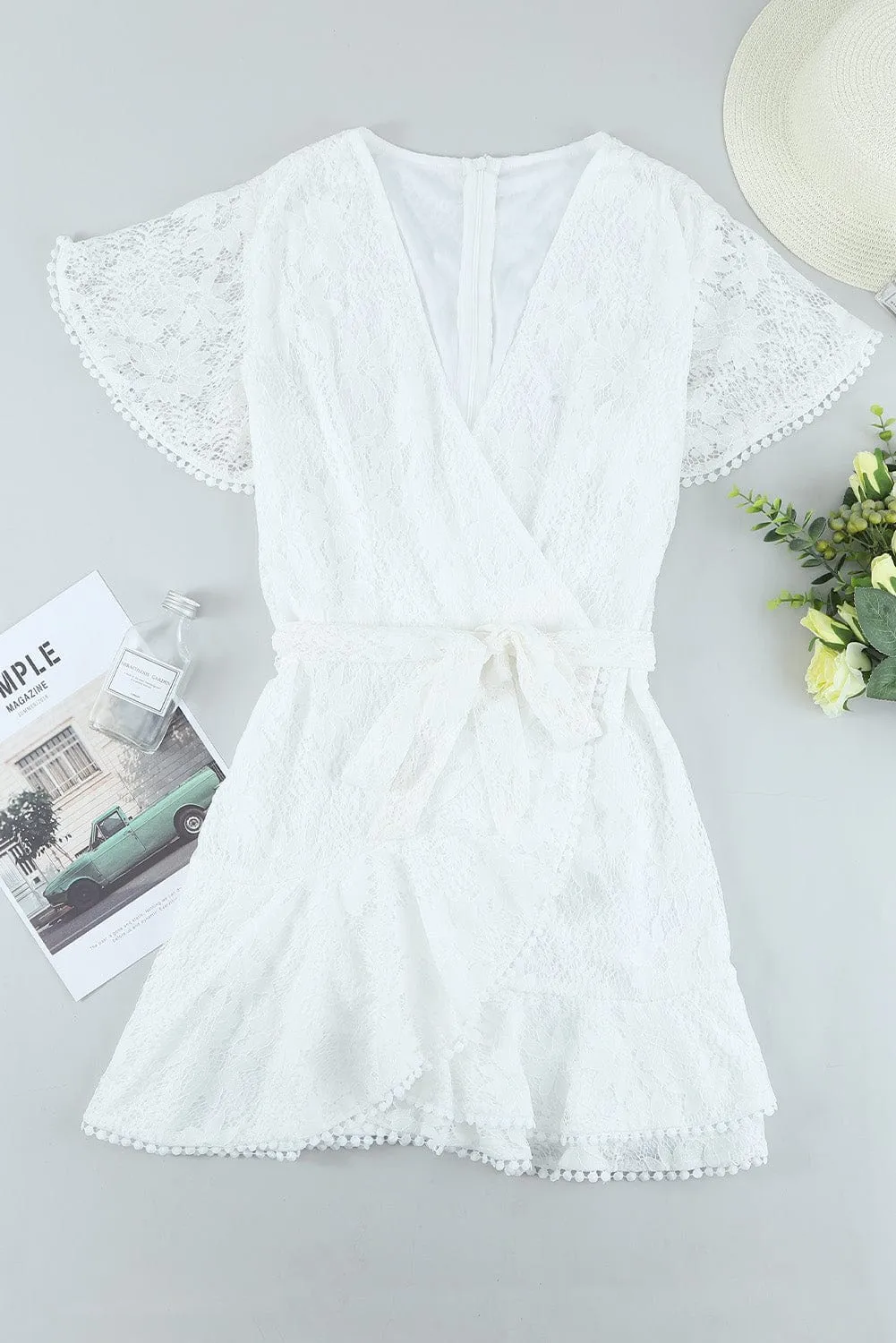 Angel Sleeve Floral Lace Wrap Mini Dress with V Neck - Elegant Summer Wedding Dress