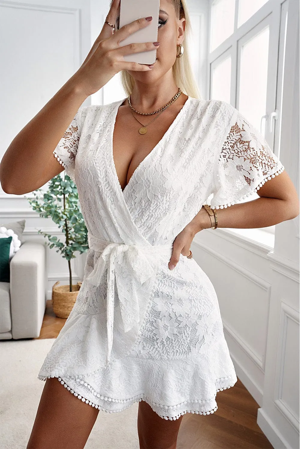 Angel Sleeve Floral Lace Wrap Mini Dress with V Neck - Elegant Summer Wedding Dress