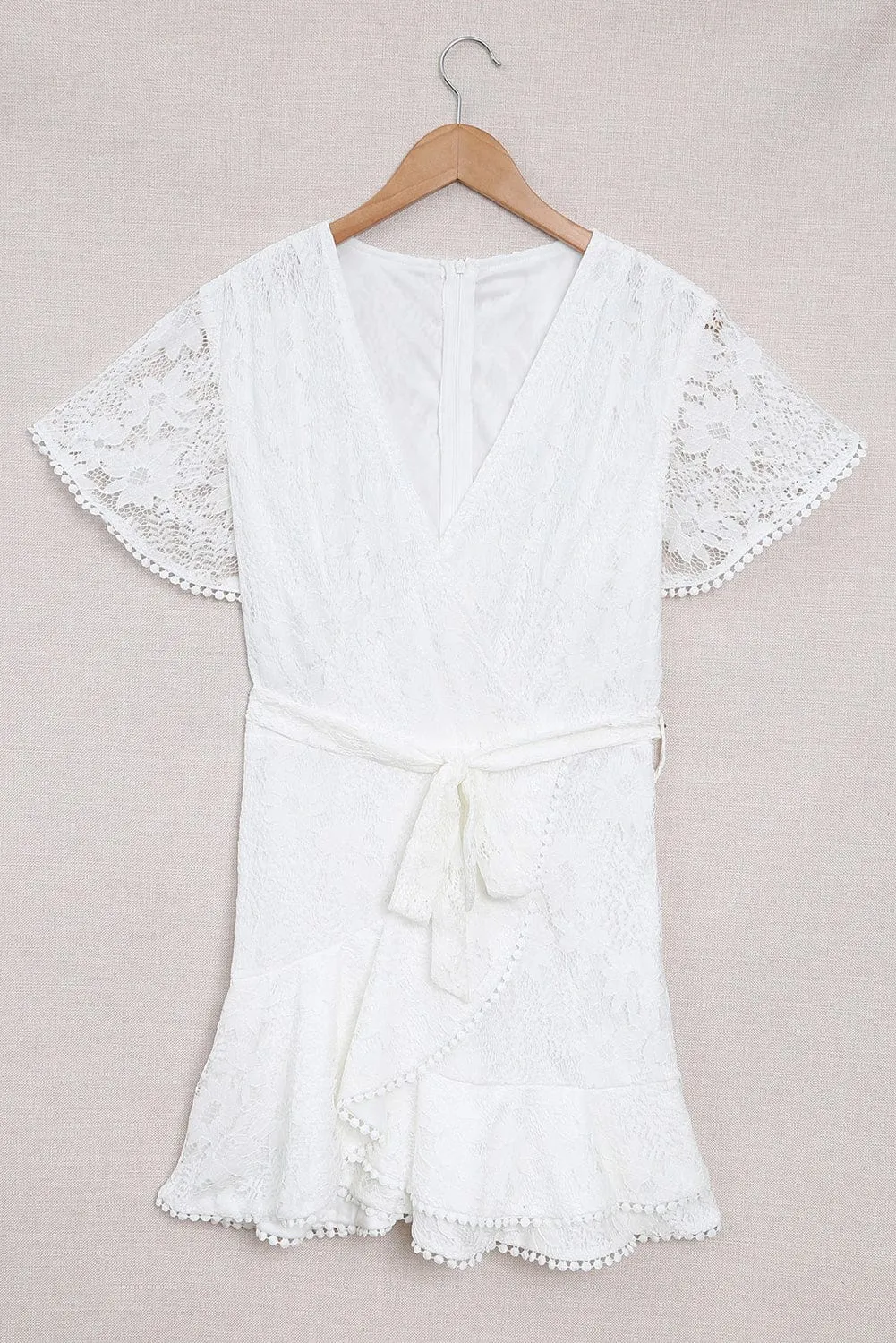 Angel Sleeve Floral Lace Wrap Mini Dress with V Neck - Elegant Summer Wedding Dress