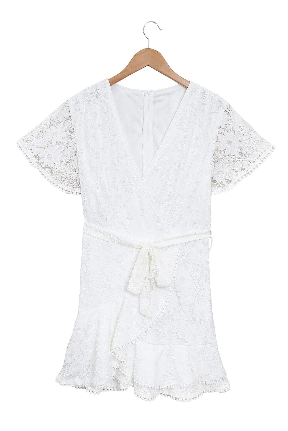 Angel Sleeve Floral Lace Wrap Mini Dress with V Neck - Elegant Summer Wedding Dress