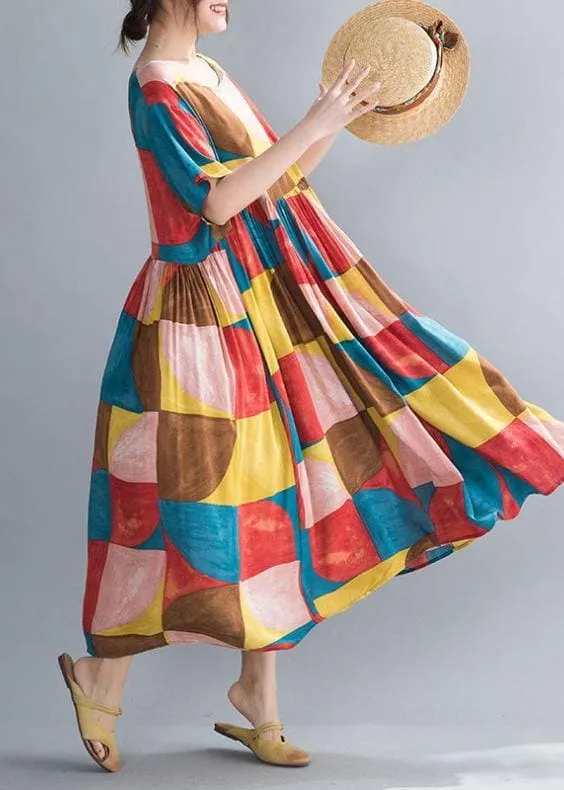 Classy multicolor plaid cotton clothes Women o neck Cinched Kaftan summer Dress