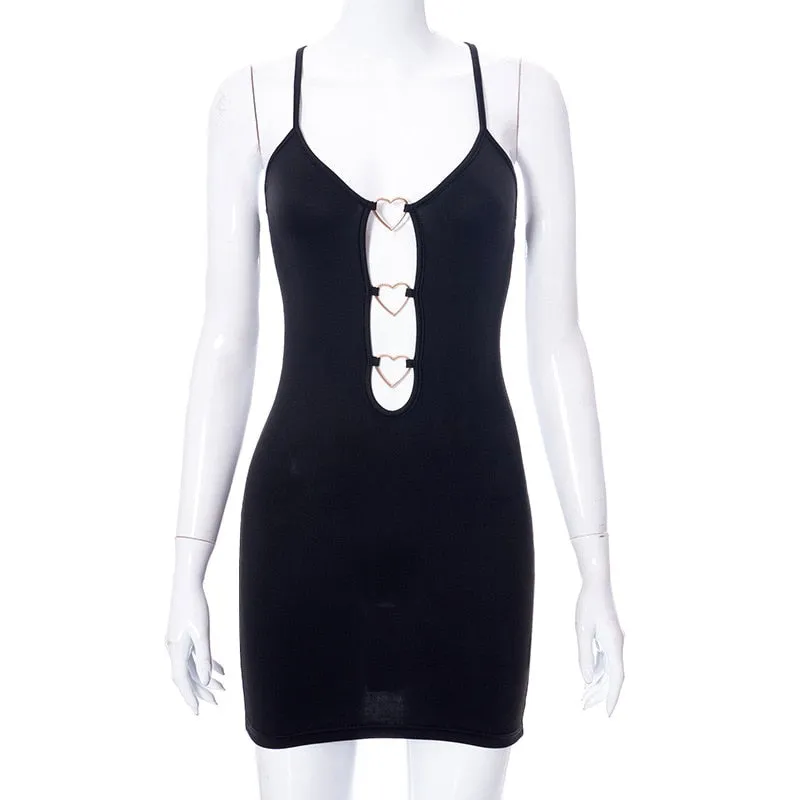 Hollow Out Black Bodycon Woman Dress Camisole Heart Ring Decor Club Sexy Party Dress For Women Short Mini Dress Vestido De Mujer