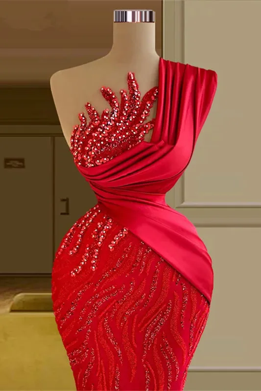 kamahe Gorgeous Long Red Mermaid One Shoulder Lace Sequined Sleeveless Prom Dress