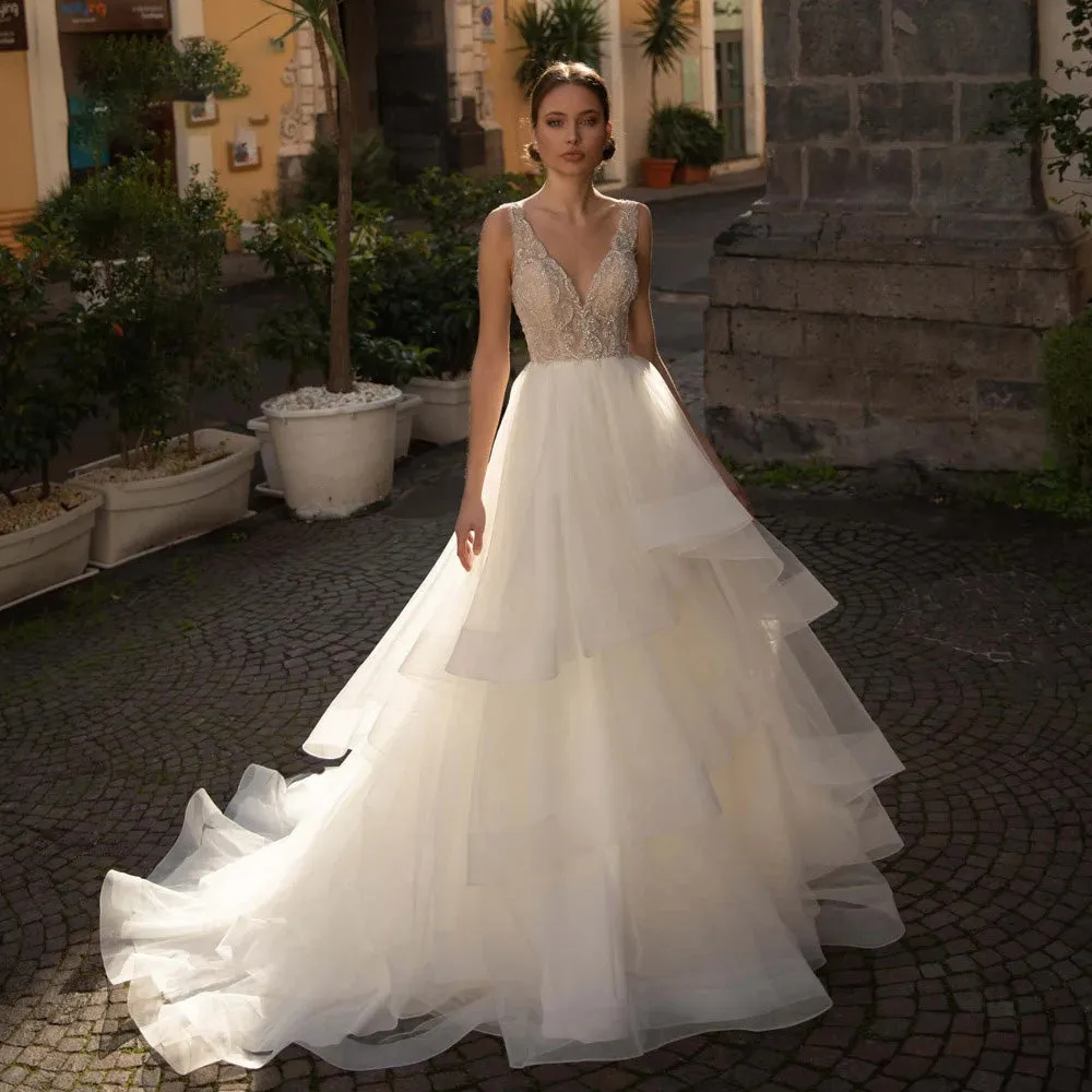 Luxury Long Sleeve Lace A-Line Wedding Dress Luxury Scoop Neck Beaded Court Train