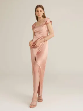 Pink Square Neck Crinkle Shoulder Wrap Hem Satin Dress