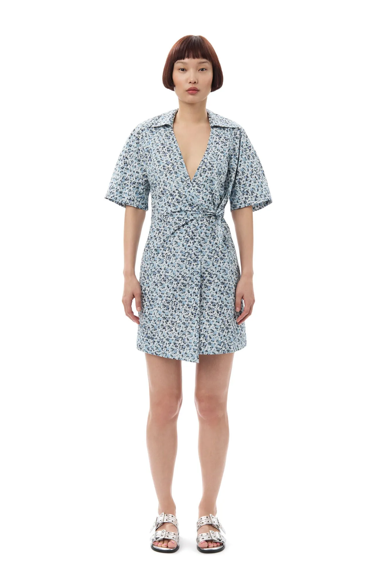 Printed Cotton Wrap Mini Dress - Glacier Lake