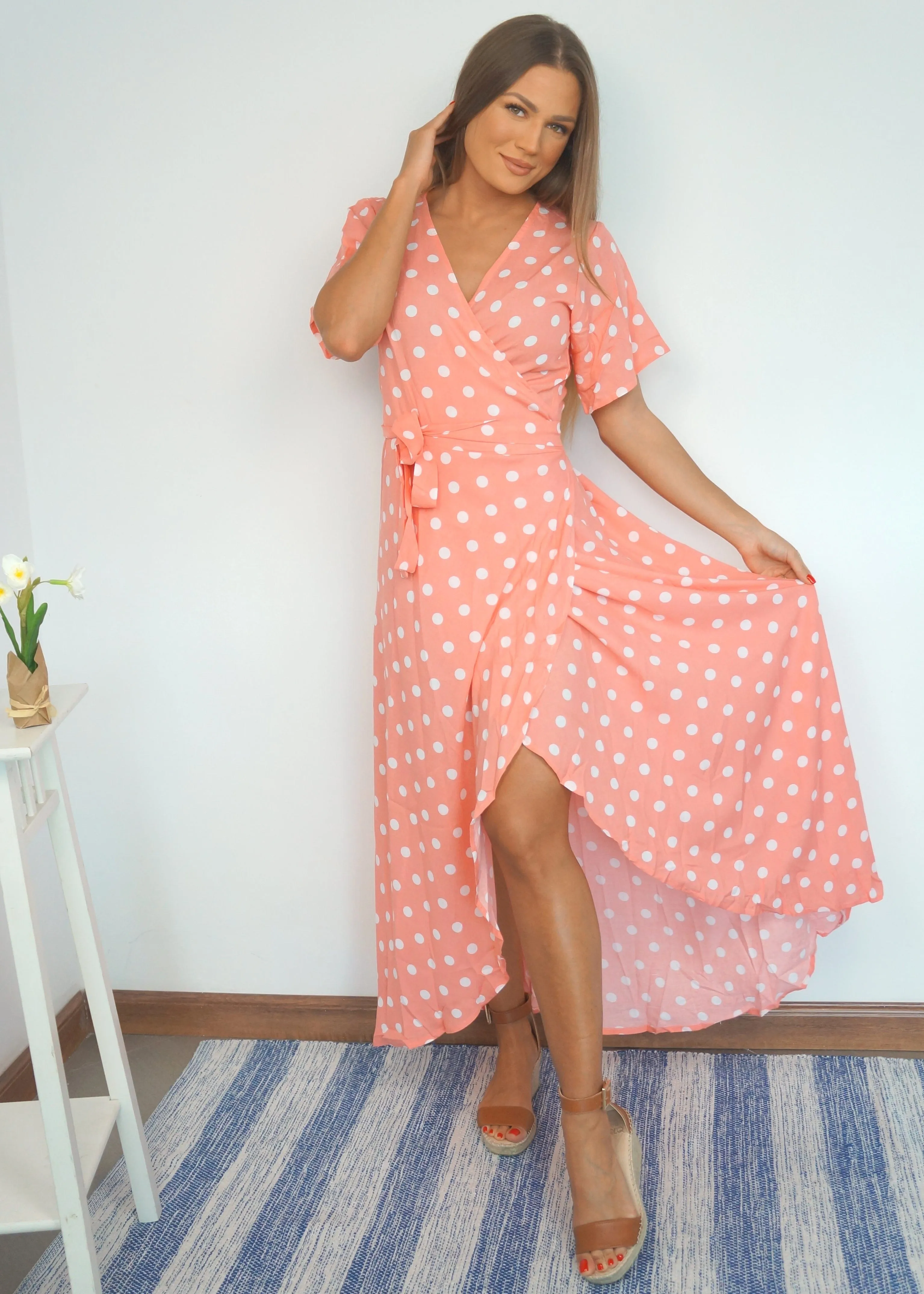 The Maxi Wrap Dress - Peach Polka